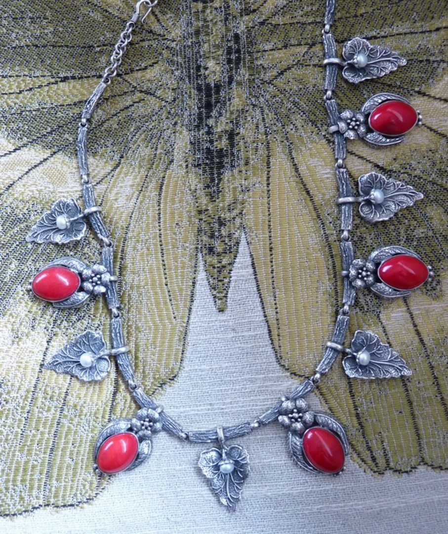 Designer, one off, sterling silver necklace with pearls and red beads image 2